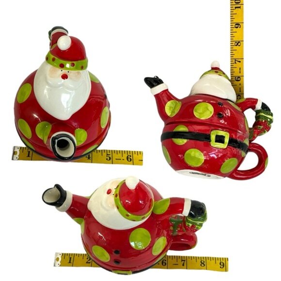 Vintage Santa Teapot Tea For One Holiday Red Green Polka Dot Crackle Barrel - Picture 14 of 16